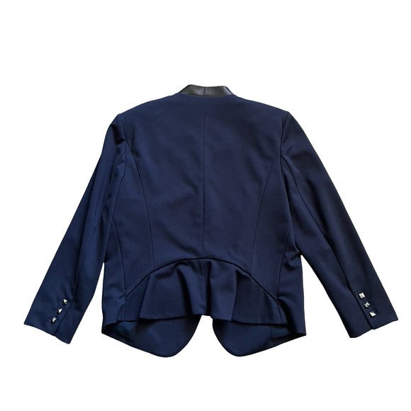 Rebecca Taylor Hook Front Leather Collar Blue Blazer Peplum Back Sz 12 Workwear - Picture 7 of 7